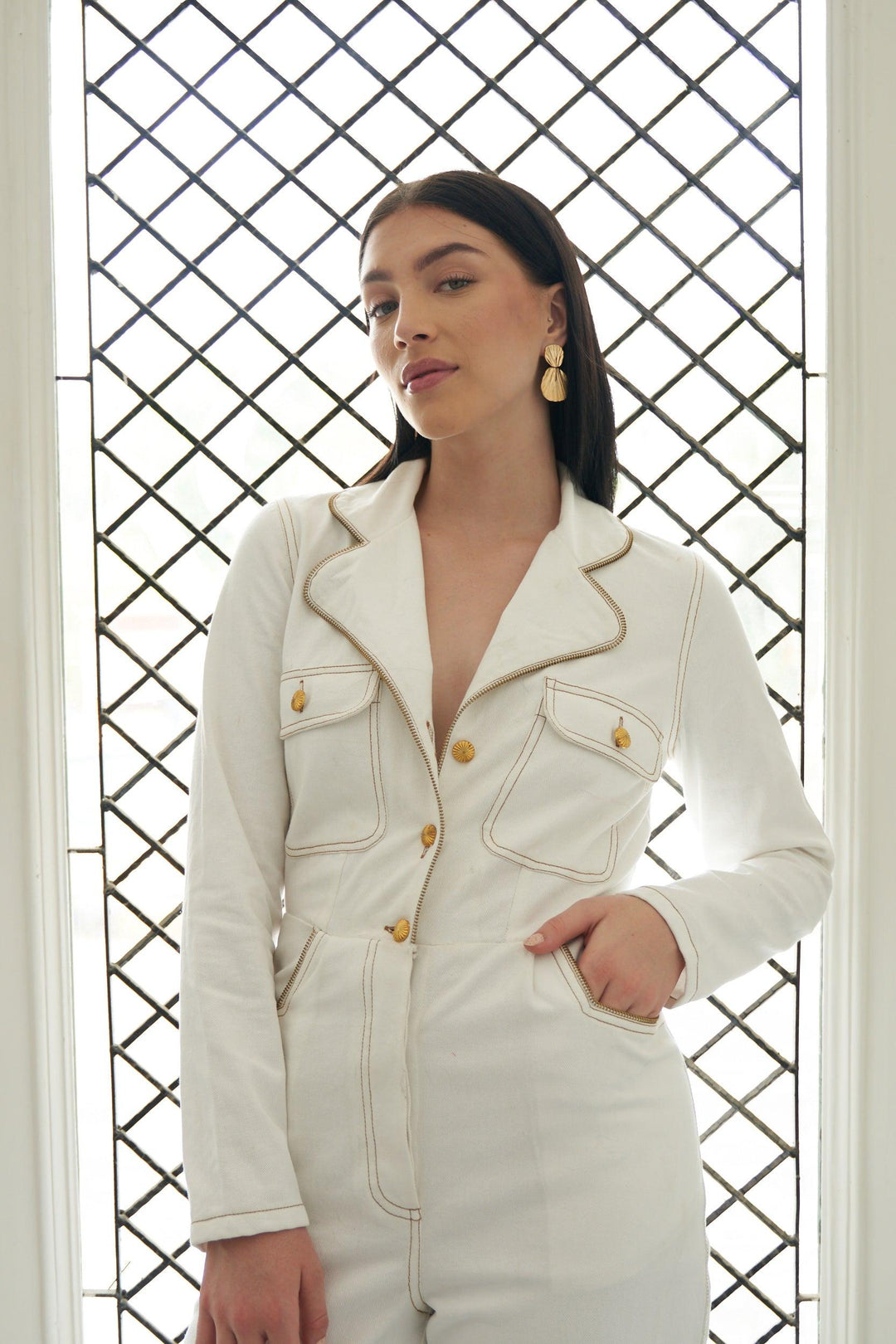 White Lapel Zip Jumpsuit - ANI CLOTHING