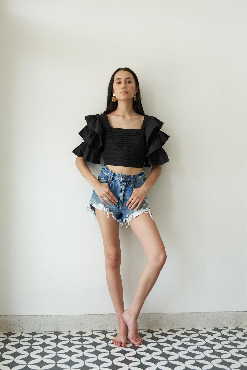 Black Ruffle Sleeve Top - ANI CLOTHING