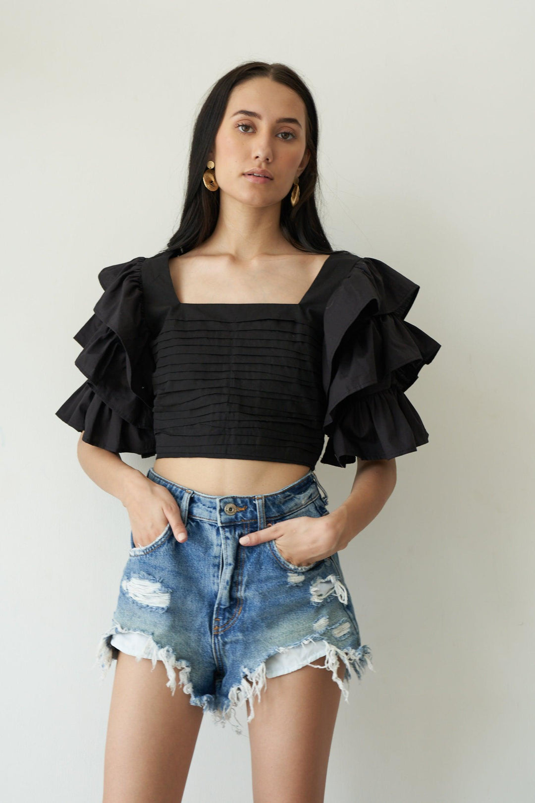 Black Ruffle Sleeve Top - ANI CLOTHING