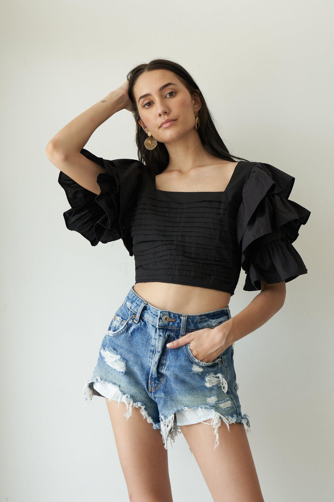 Black Ruffle Sleeve Top - ANI CLOTHING