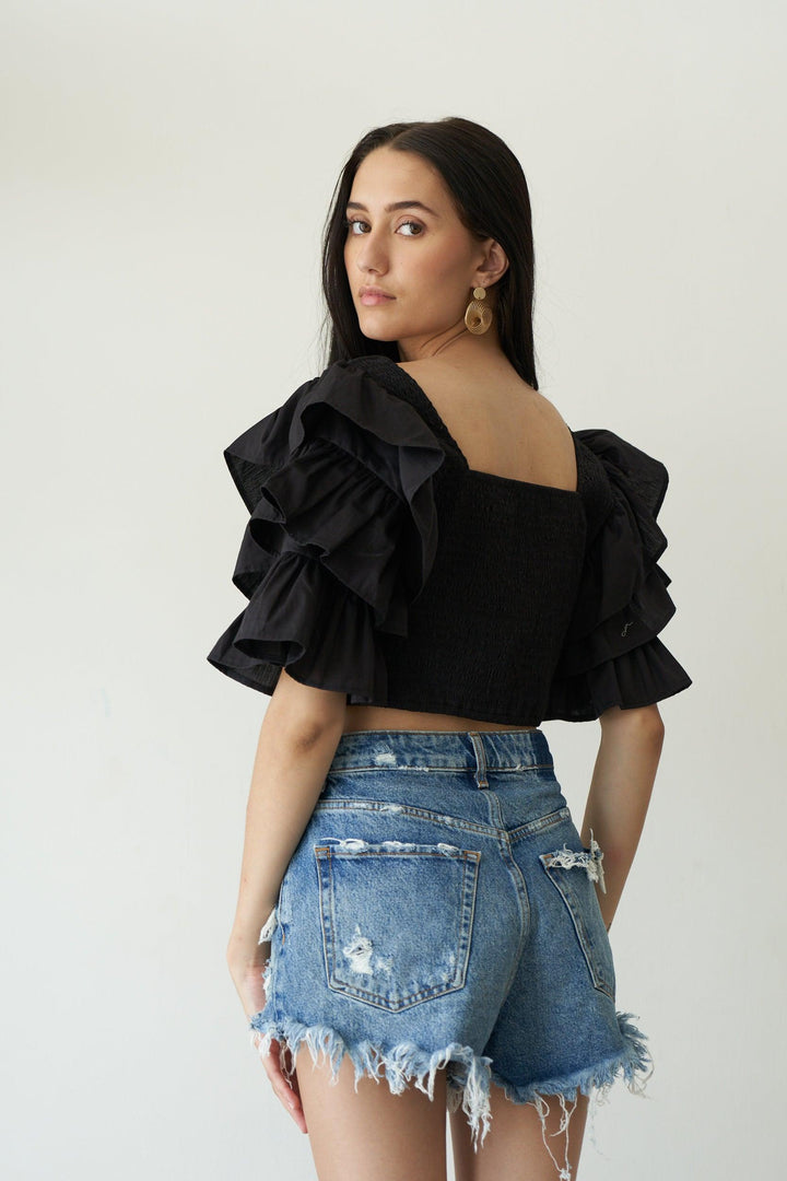 Black Ruffle Sleeve Top - ANI CLOTHING