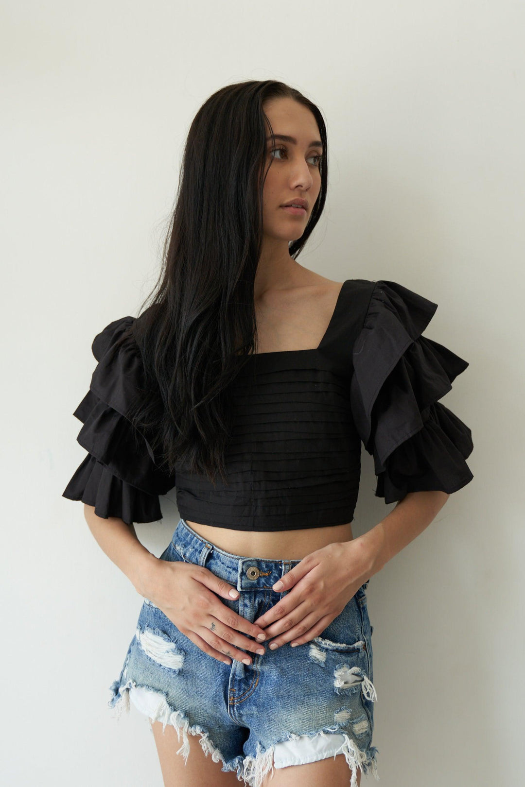 Black Ruffle Sleeve Top - ANI CLOTHING