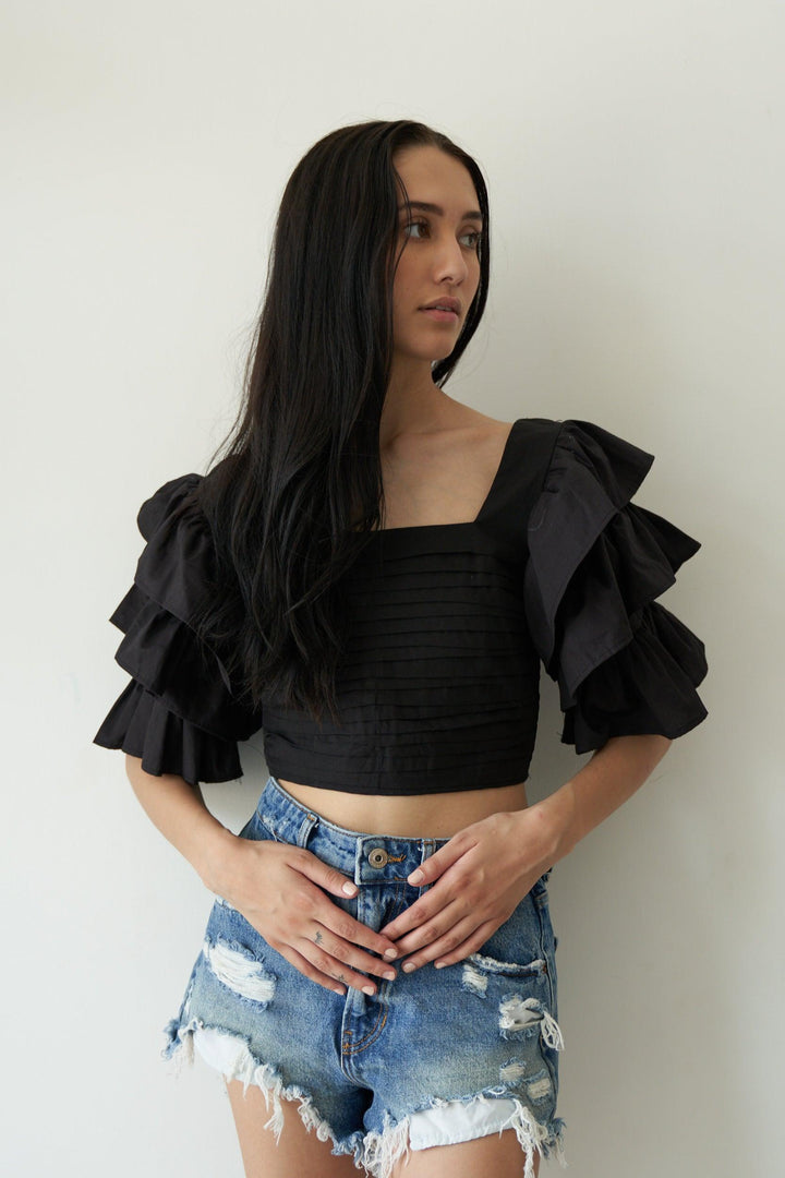 Black Ruffle Sleeve Top - ANI CLOTHING