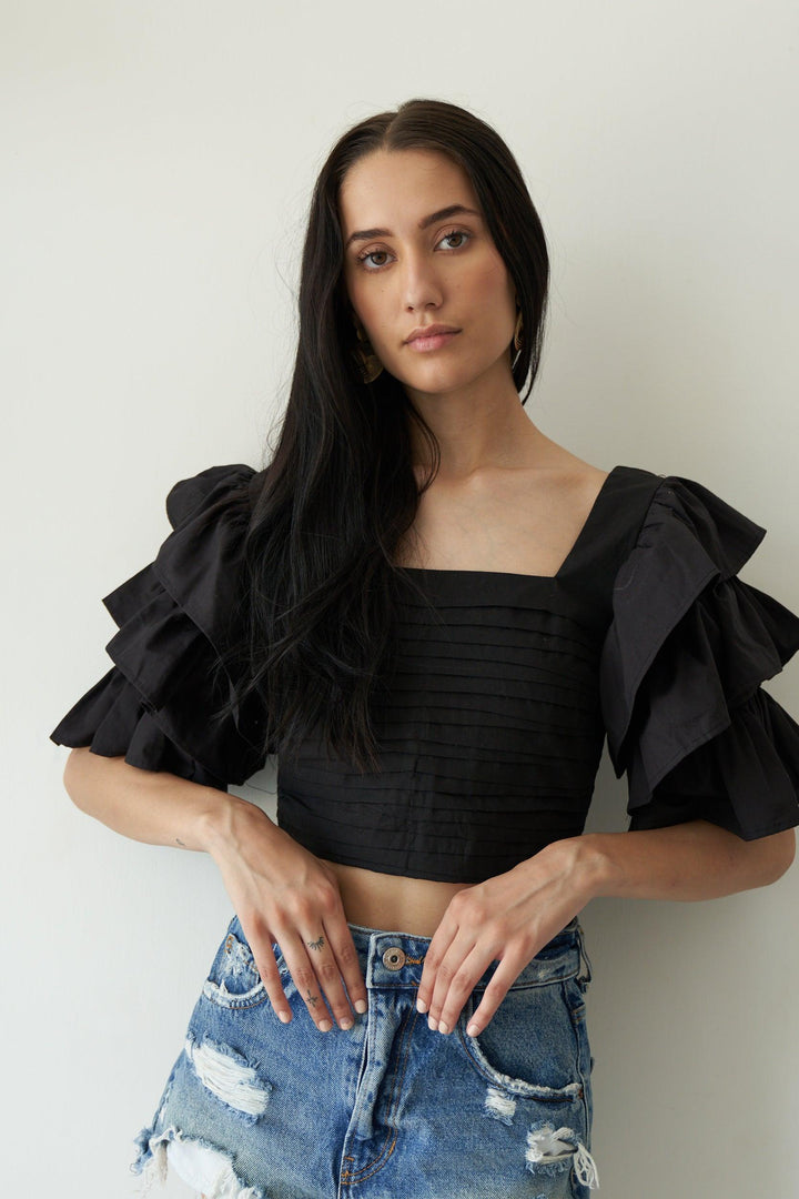 Black Ruffle Sleeve Top - ANI CLOTHING