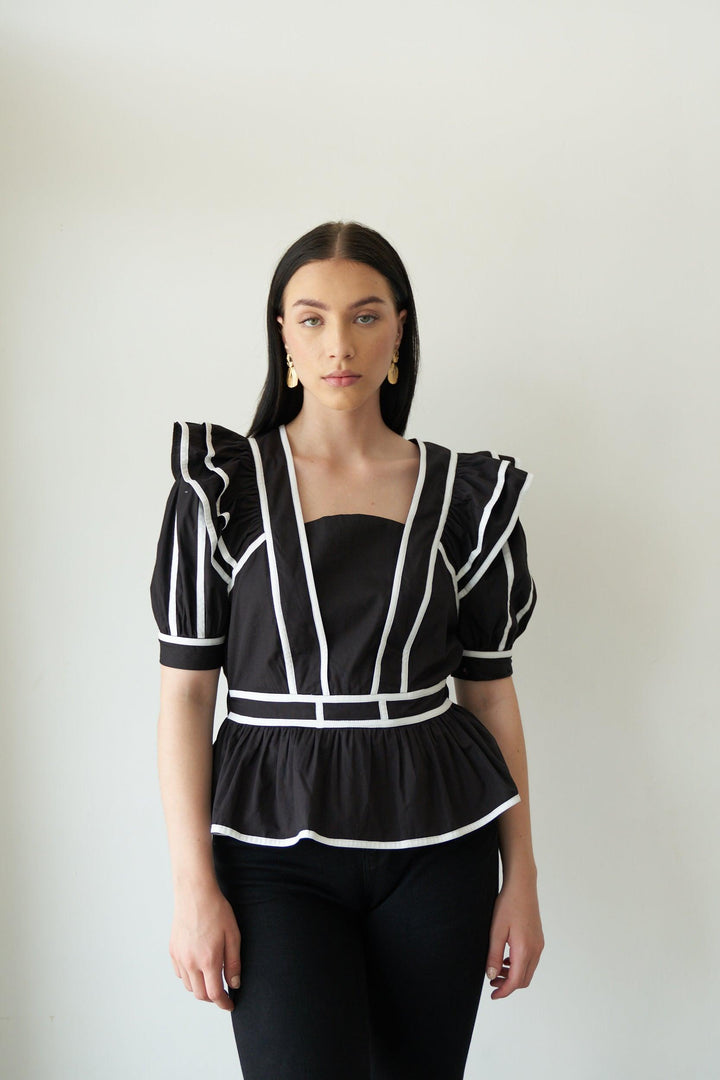 Black contrast piping frill top - ANI CLOTHING