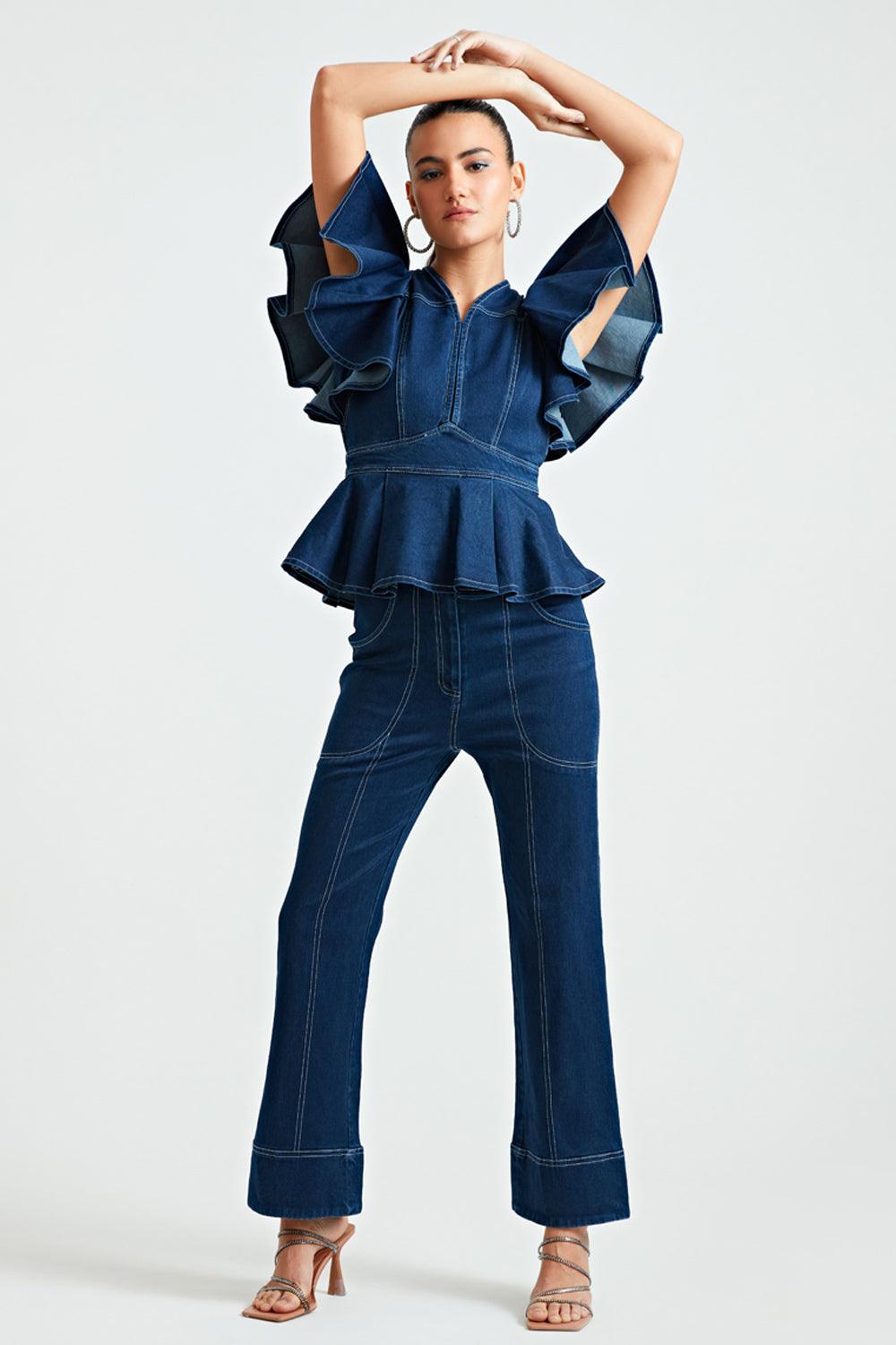 Denim Ruffle Co-ord Trousers - ANI CLOTHING