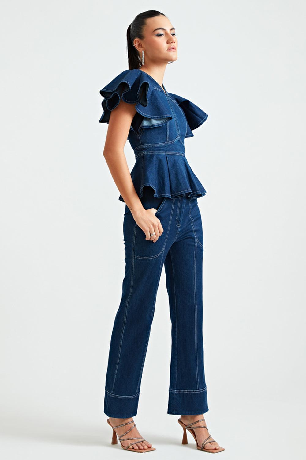 Denim Ruffle Co-ord Trousers - ANI CLOTHING