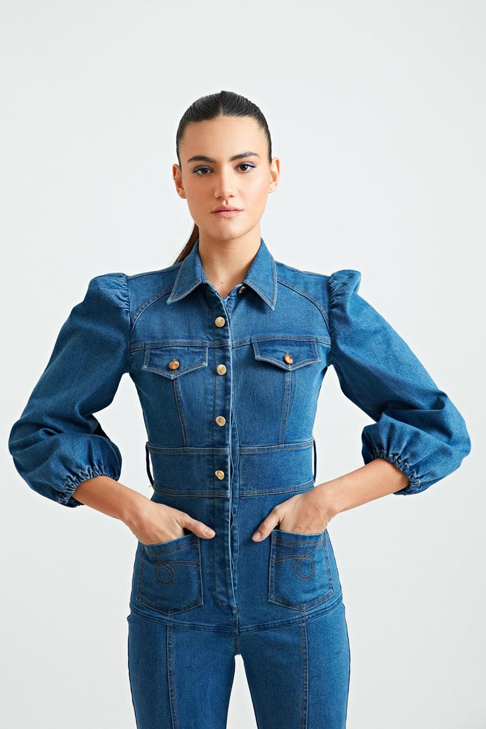 Puff sleeve cheap denim jumpsuit