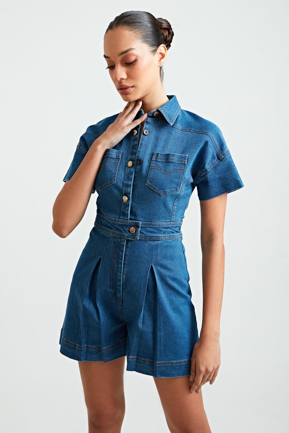 Denim Pleated Romper - ANI CLOTHING