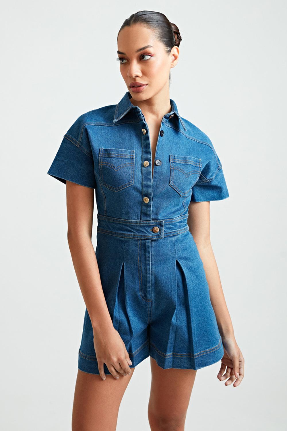 Denim Pleated Romper - ANI CLOTHING