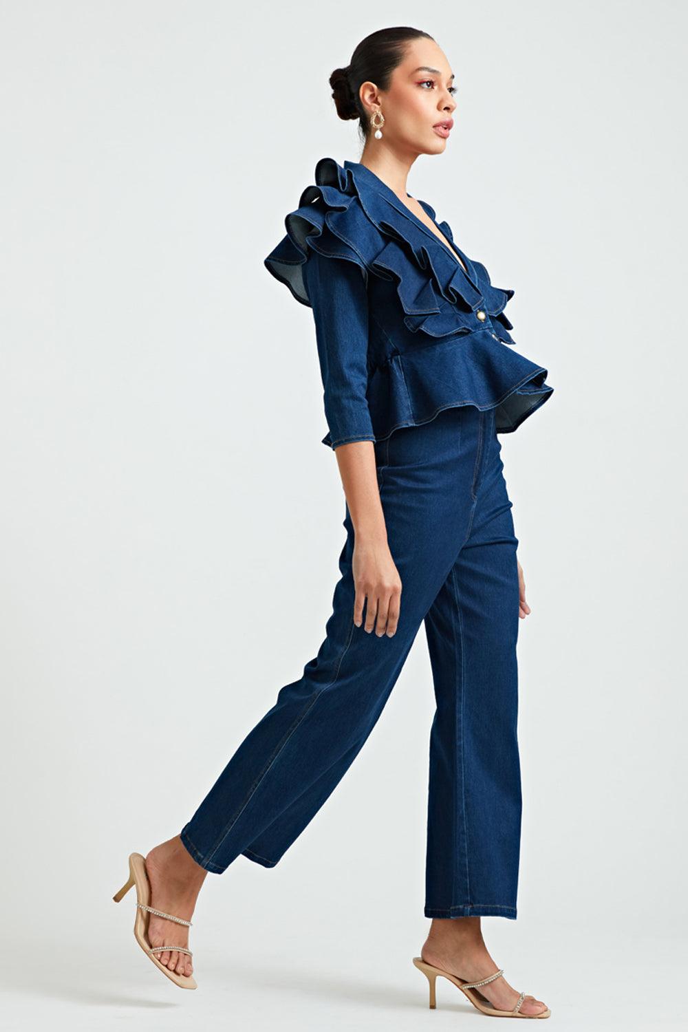 Denim Ruffle Co-ord Trousers - ANI CLOTHING