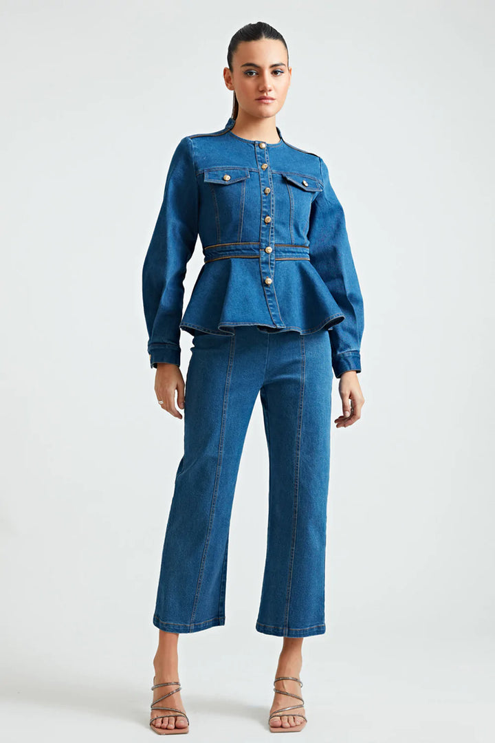 Zipper Denim Peplum Co-ord Set - ANI CLOTHING