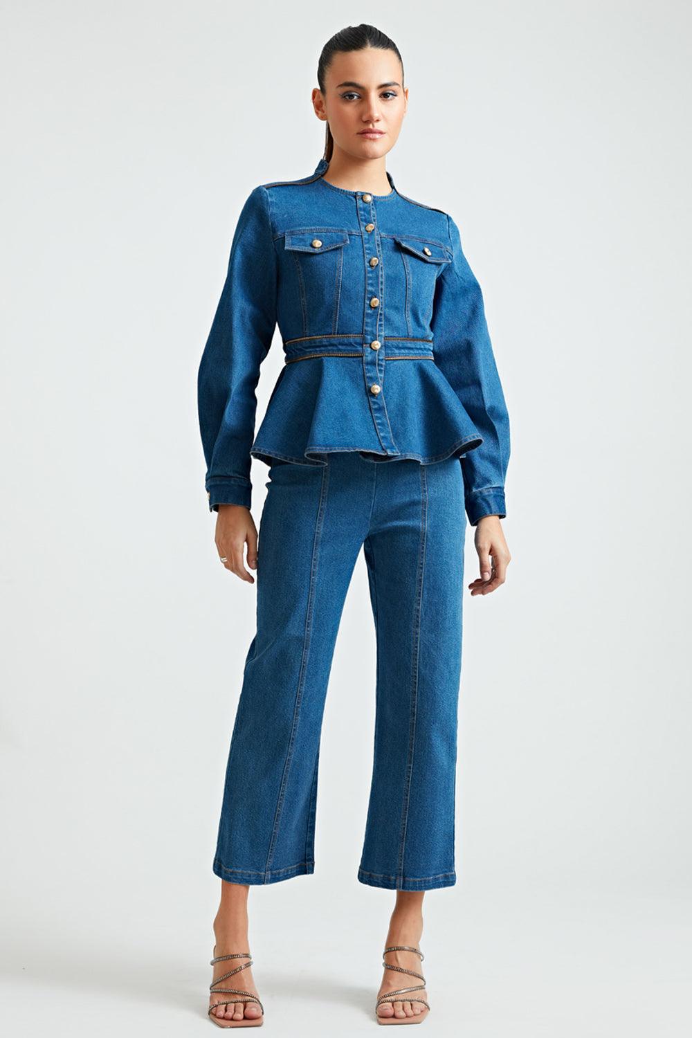 Zipper Denim Peplum Trousers - ANI CLOTHING