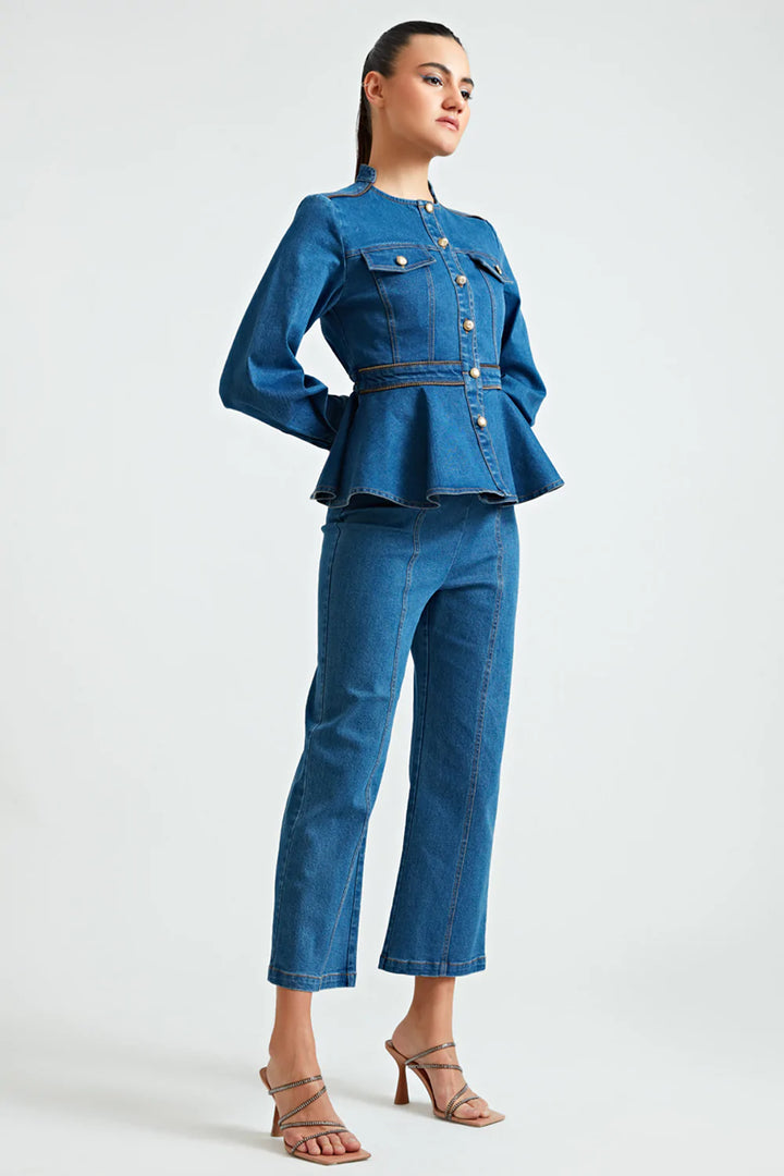 Zipper Denim Peplum Co-ord Set - ANI CLOTHING
