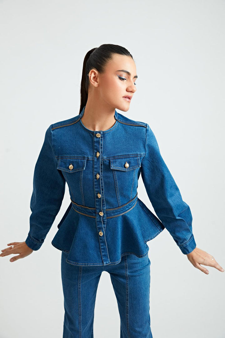 Zipper Denim Peplum Top - ANI CLOTHING