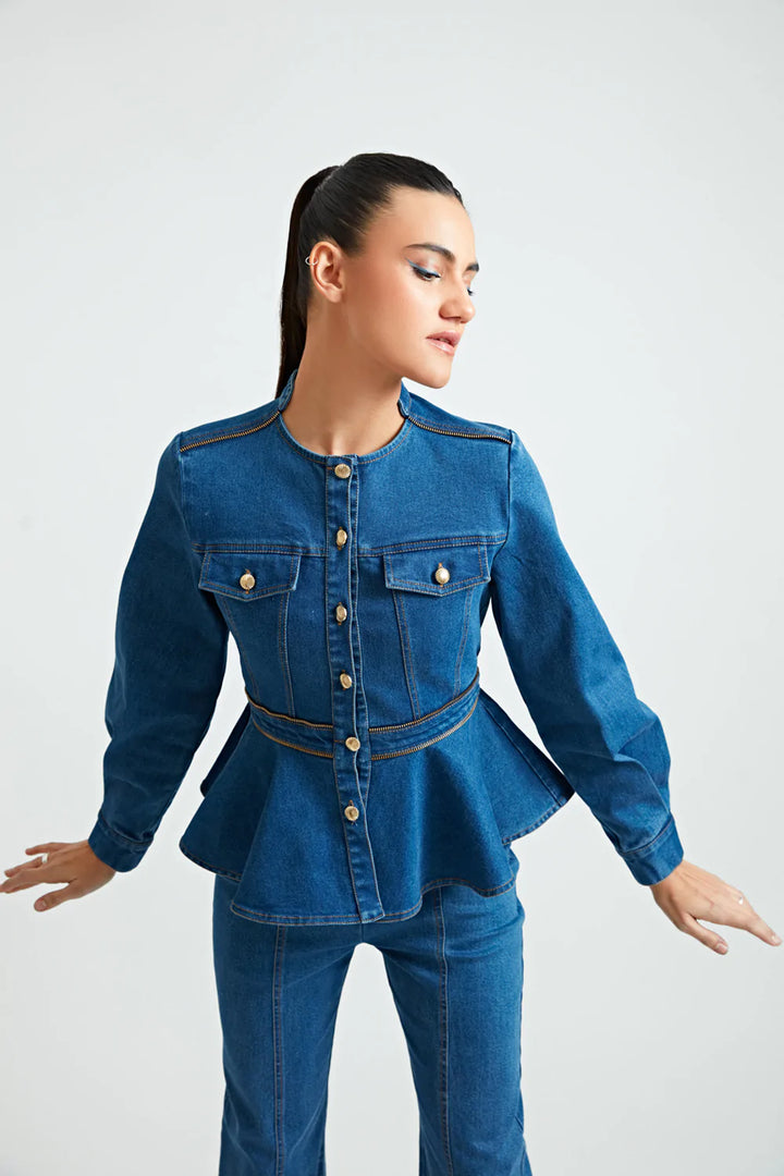 Zipper Denim Peplum Co-ord Set - ANI CLOTHING