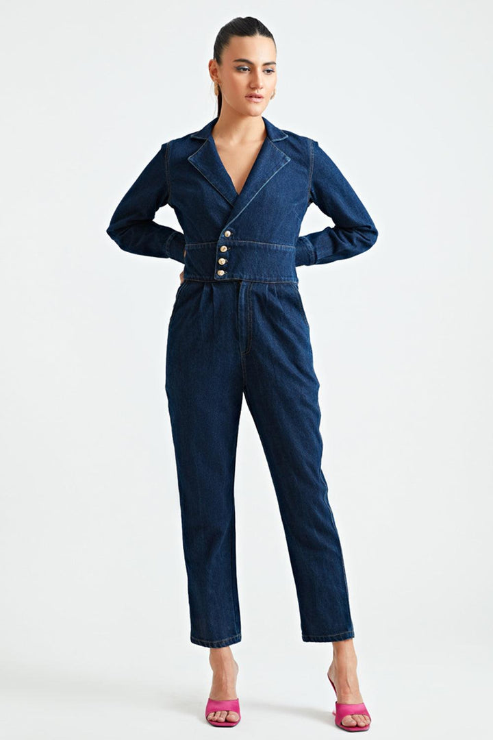 Denim Notch Collar Jumpsuit - ANI CLOTHING