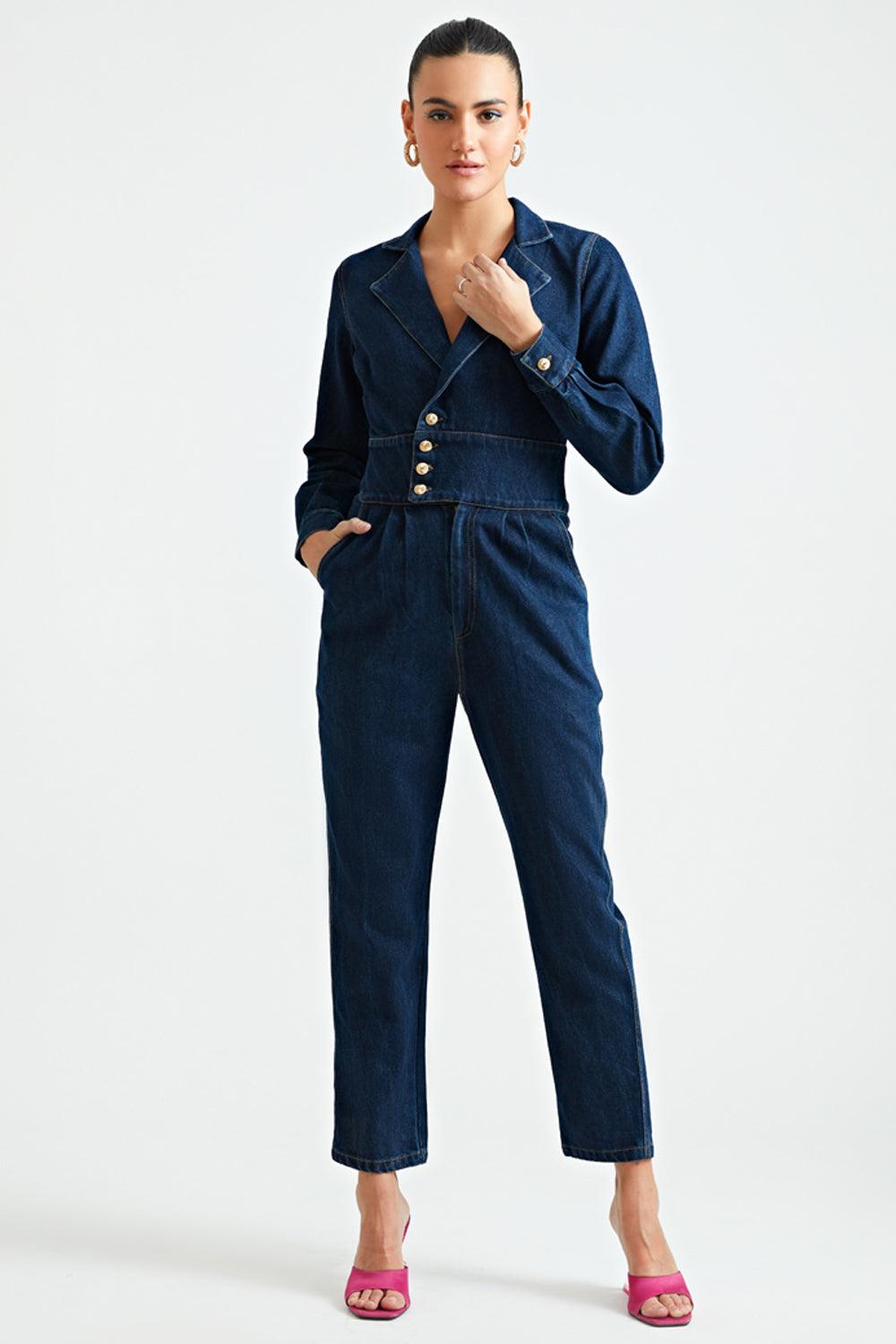 Denim Notch Collar Jumpsuit - ANI CLOTHING