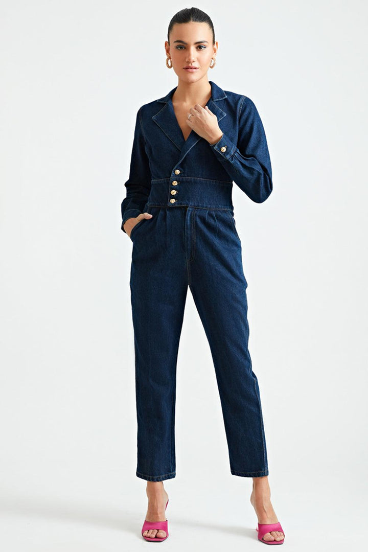 Denim Notch Collar Jumpsuit - ANI CLOTHING