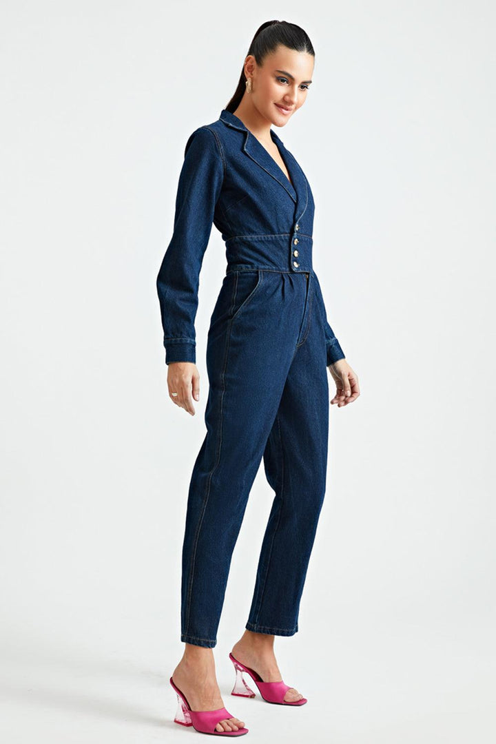 Denim Notch Collar Jumpsuit - ANI CLOTHING