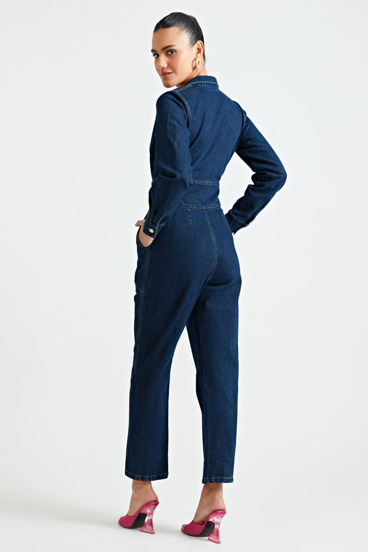 Denim Notch Collar Jumpsuit - ANI CLOTHING