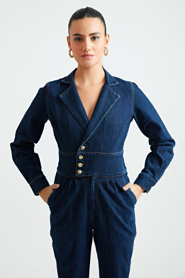 Denim Notch Collar Jumpsuit - ANI CLOTHING
