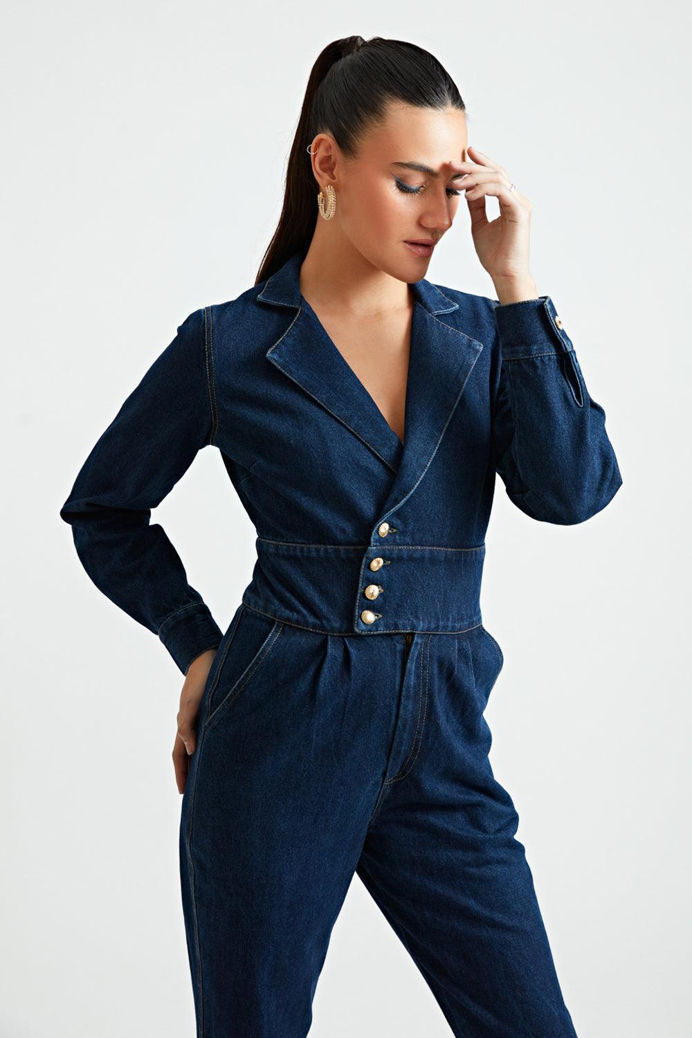 Denim Notch Collar Jumpsuit - ANI CLOTHING