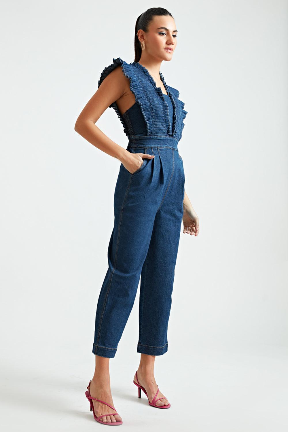 Classic Tea Pleated Denim Jumpsuit - ANI CLOTHING