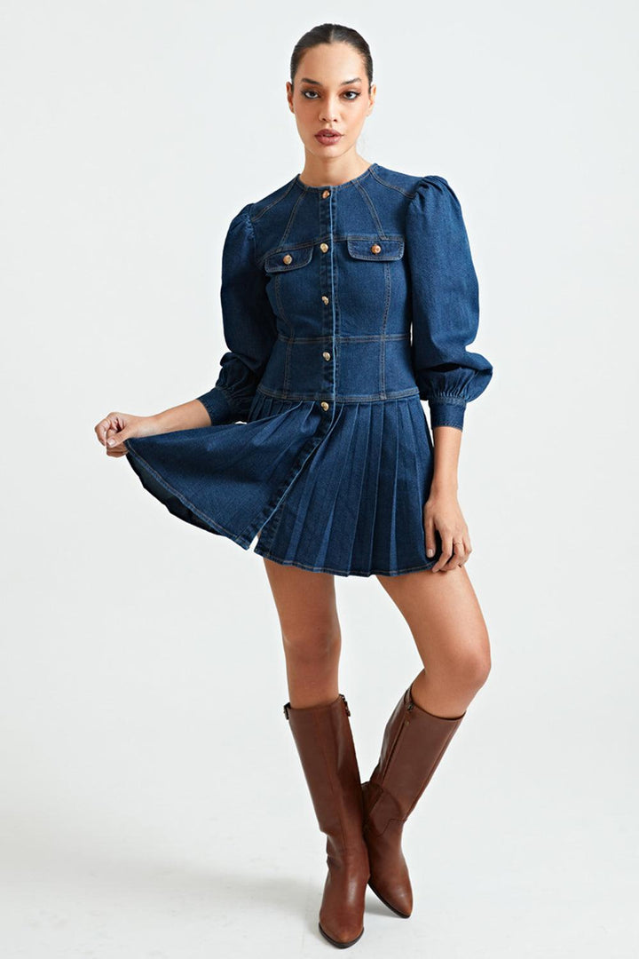 Denim Pleated Dress with Golden Buttons - ANI CLOTHING