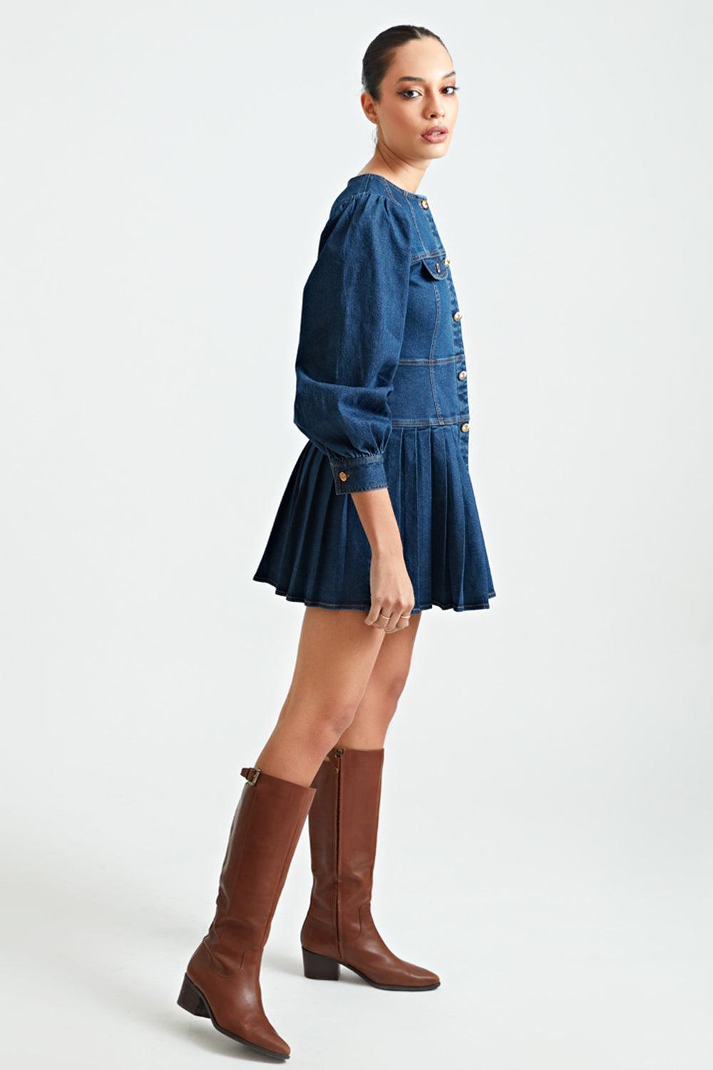 Denim Pleated Dress with Golden Buttons - ANI CLOTHING