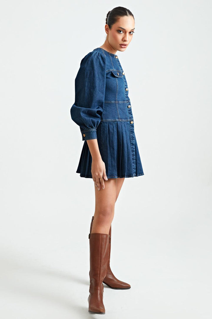 Denim Pleated Dress with Golden Buttons - ANI CLOTHING