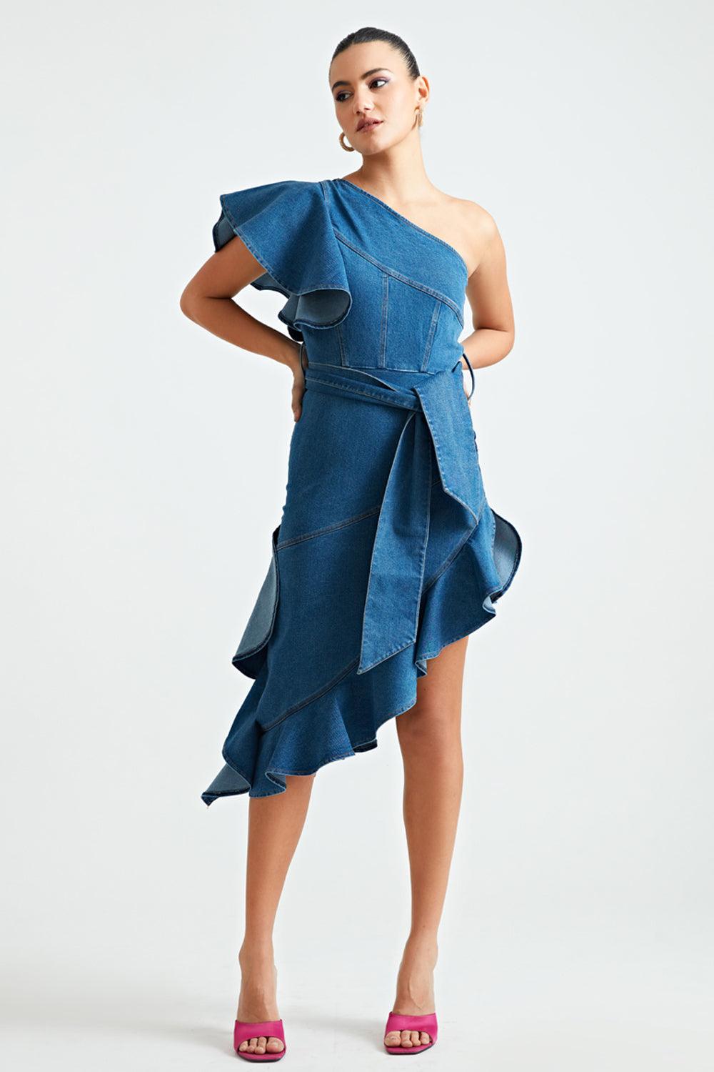 Denim Peplum Dress - ANI CLOTHING
