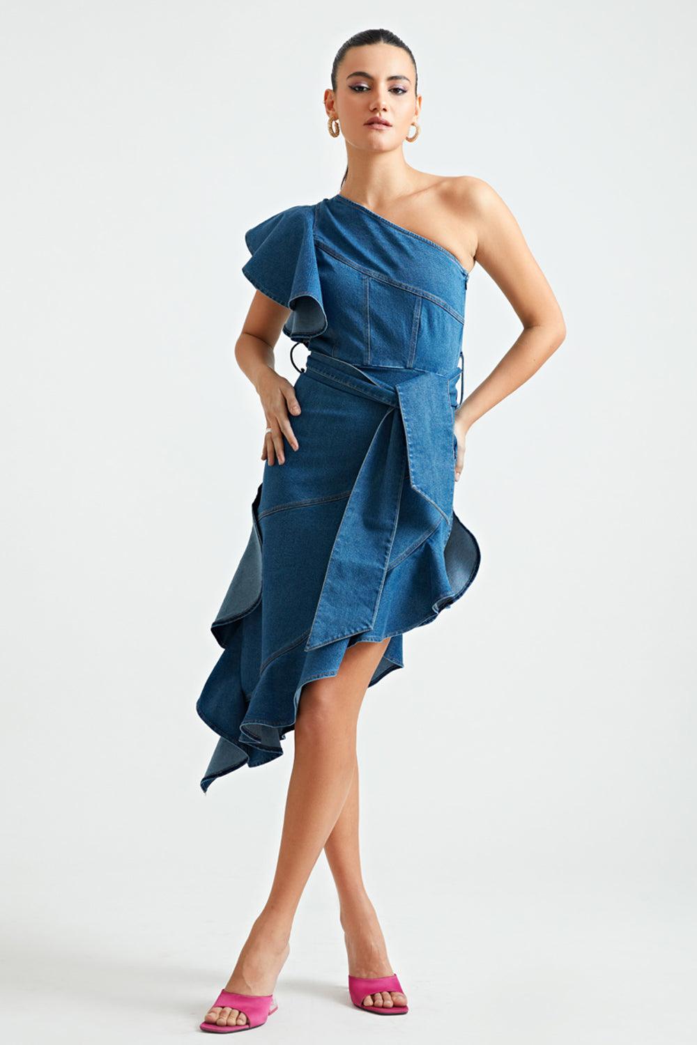 Denim Peplum Dress - ANI CLOTHING