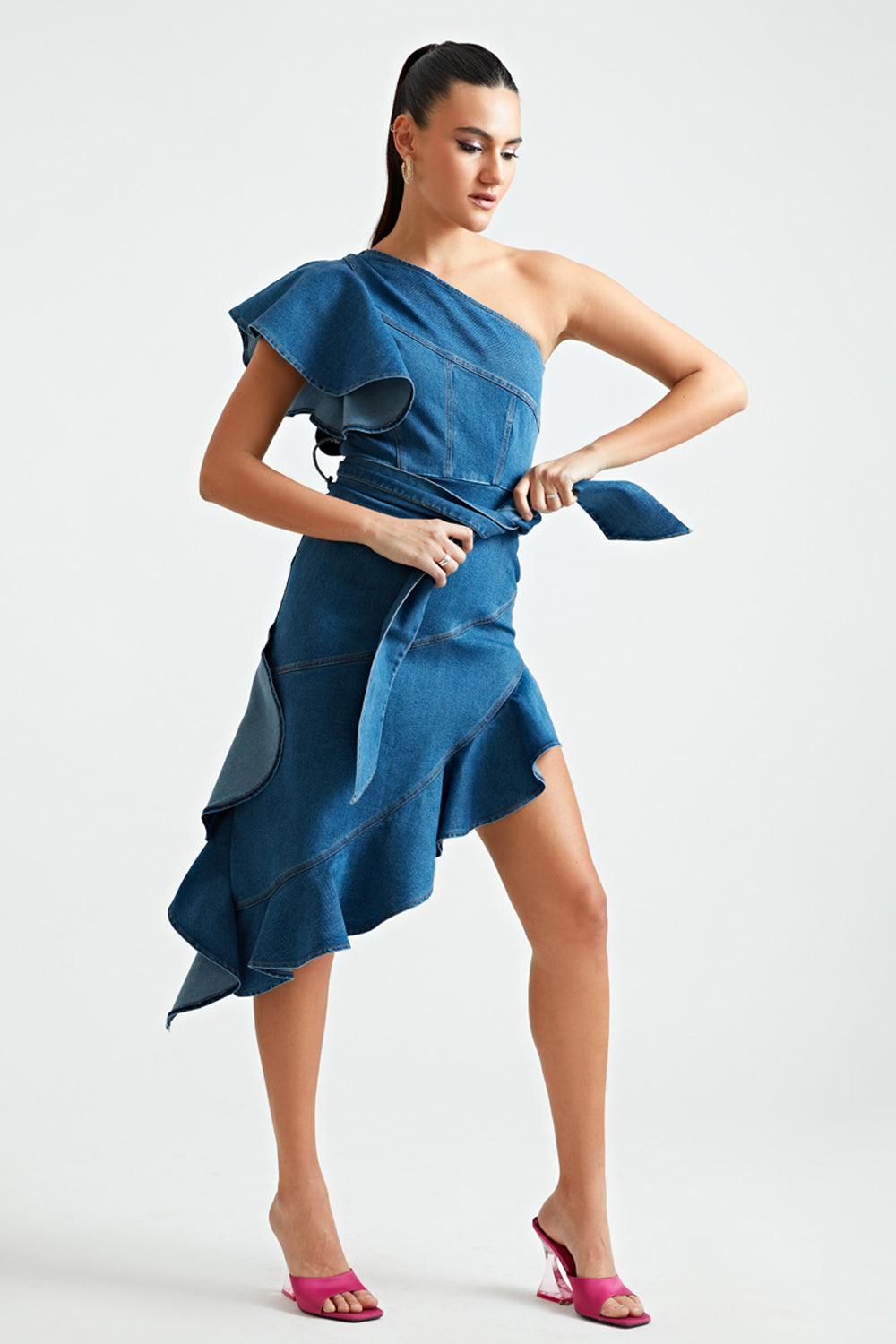 Denim Peplum Dress - ANI CLOTHING