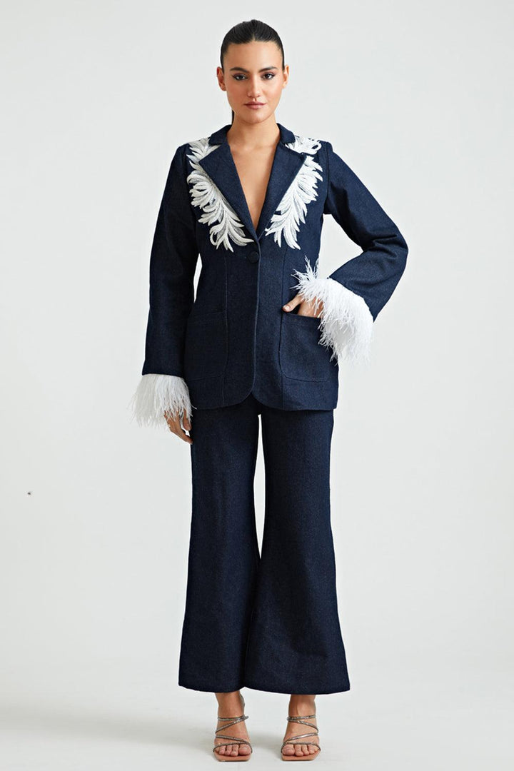 Denim Feather Blazer With Patch Work - ANI CLOTHING