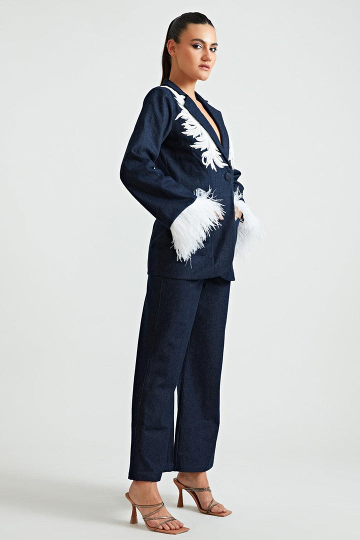 Denim Feather Blazer With Patch Work - ANI CLOTHING