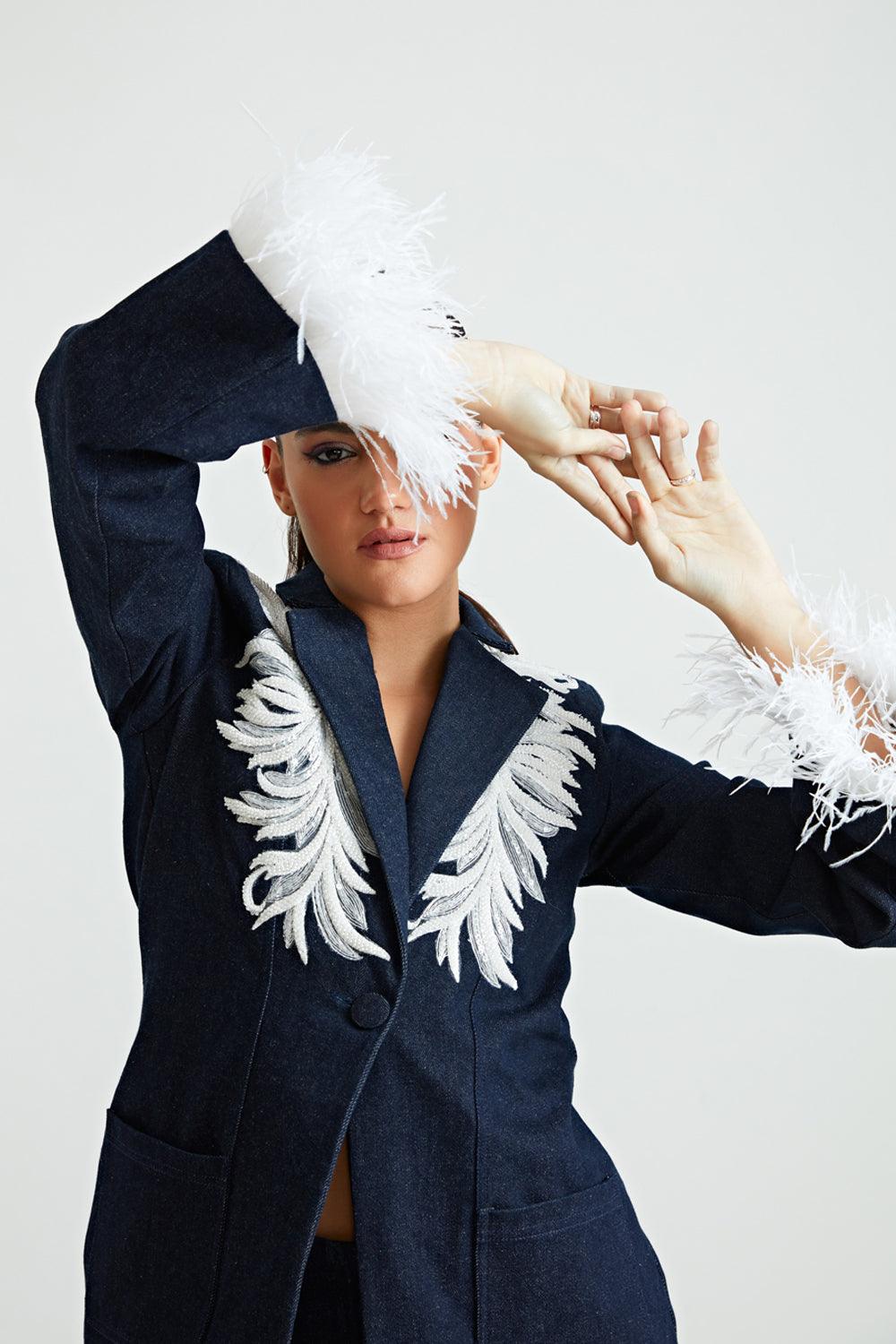Denim Feather Blazer With Patch Work - ANI CLOTHING