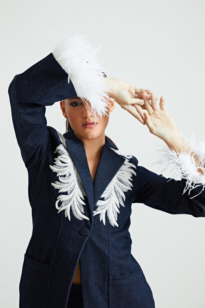 Denim Feather Blazer With Patch Work - ANI CLOTHING