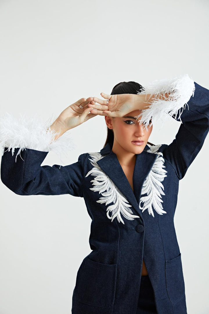 Denim Feather Blazer With Patch Work - ANI CLOTHING