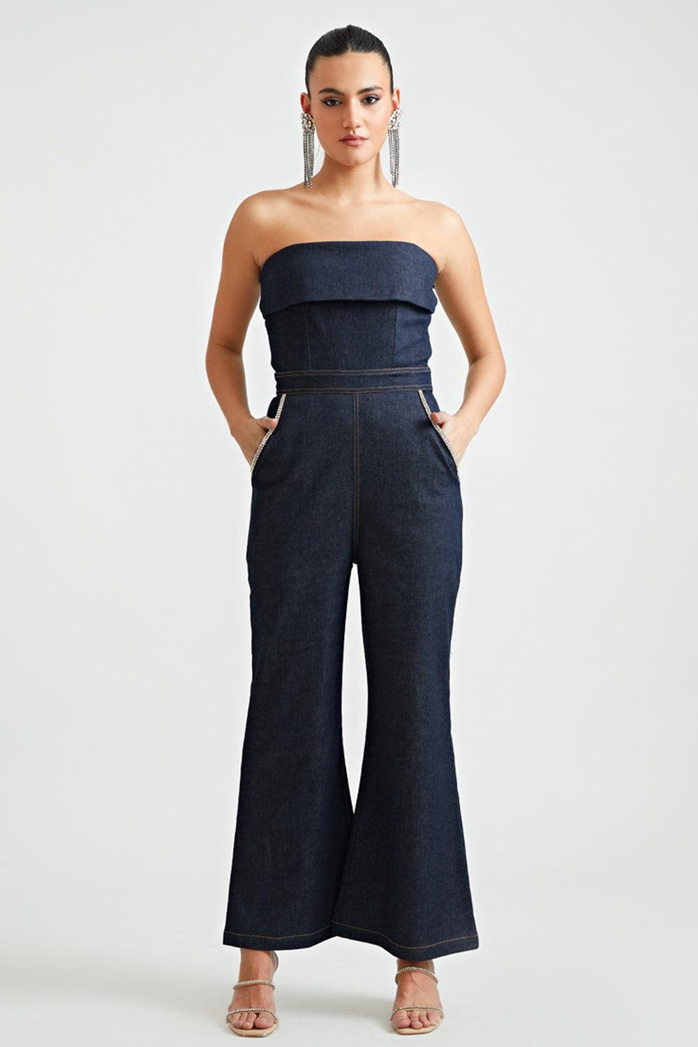 Blue Rhinestone Tube Jumpsuit - ANI CLOTHING