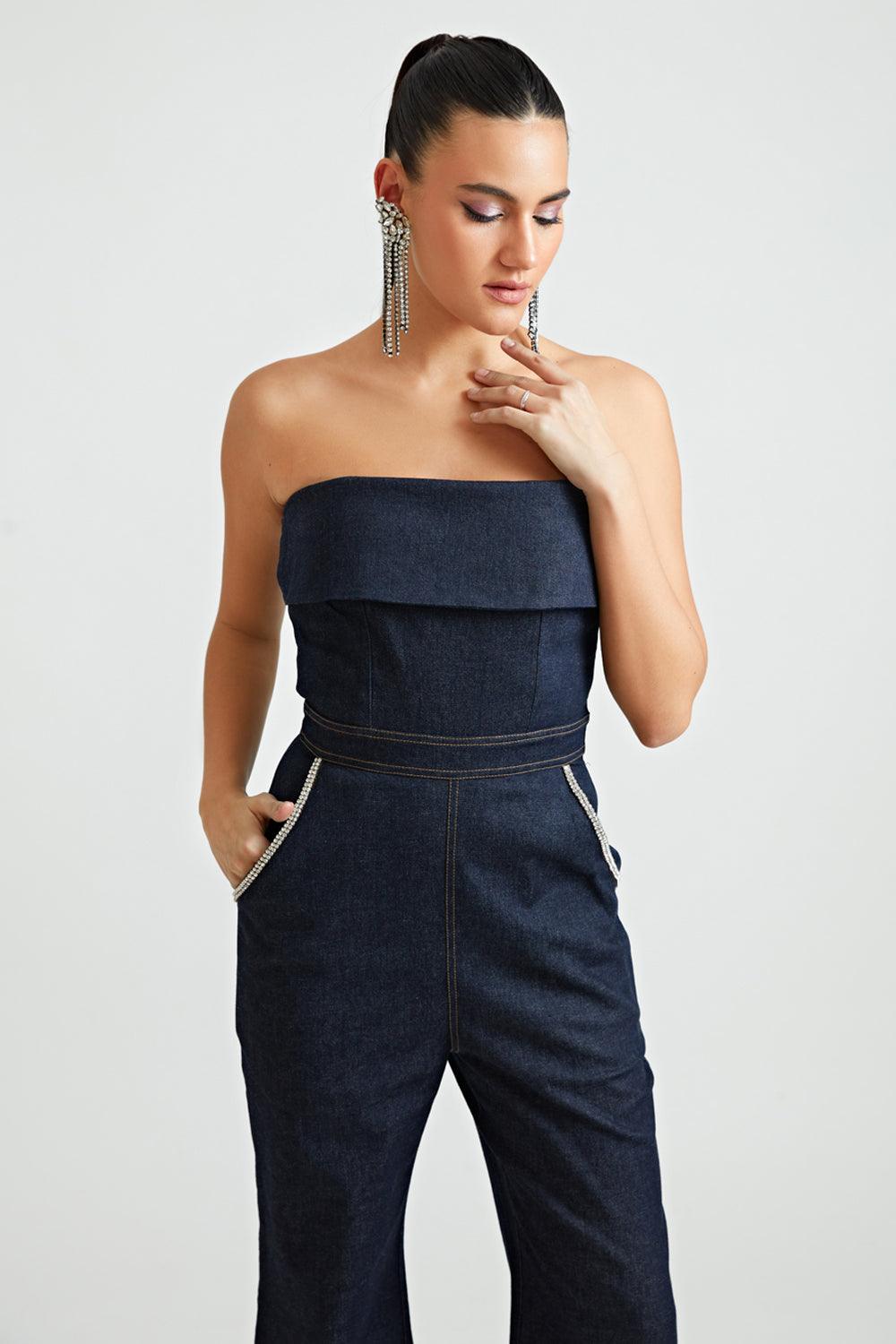 Blue Rhinestone Tube Jumpsuit - ANI CLOTHING