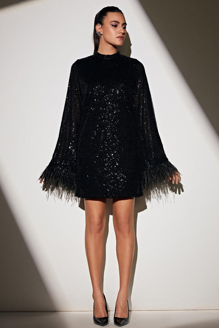 Black Sequin Feather Dress - ANI CLOTHING