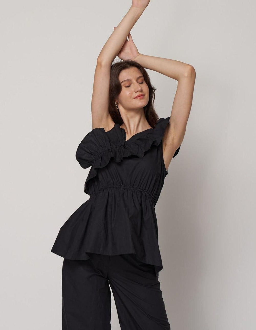 Black One Shoulder Frill Co-0rd Set - ANI CLOTHING