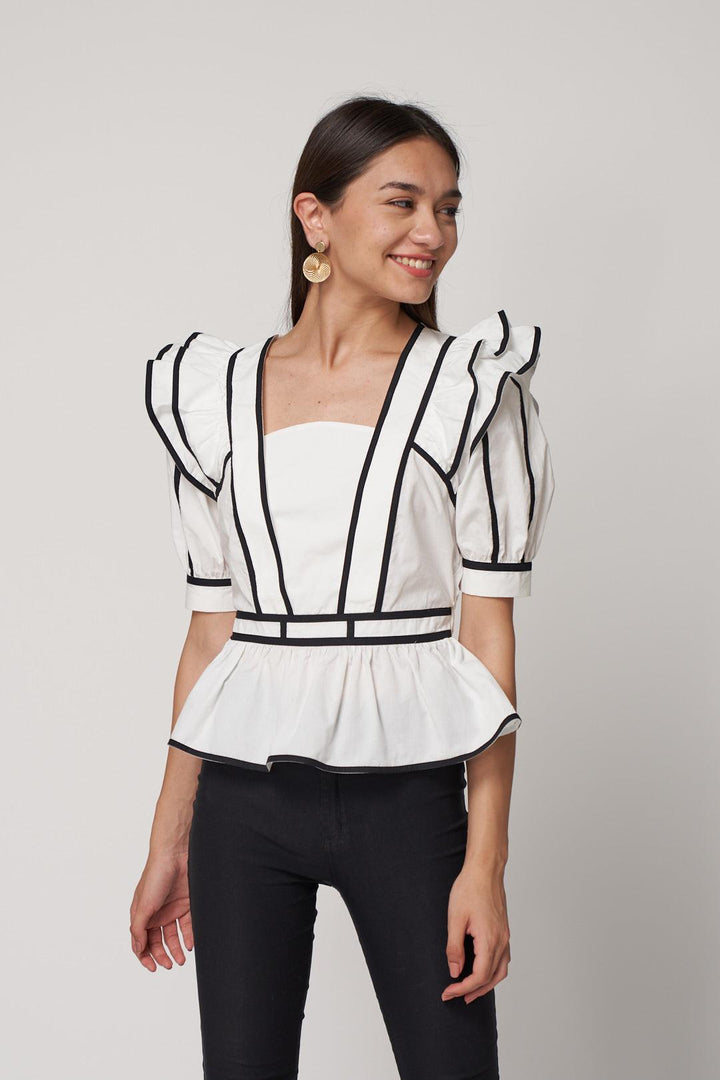 Contrast Piping Frill Top - ANI CLOTHING