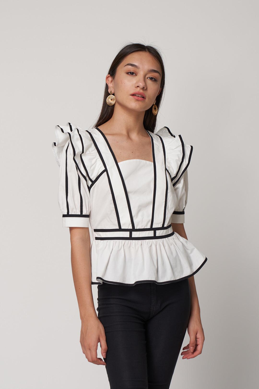 Contrast Piping Frill Top - ANI CLOTHING