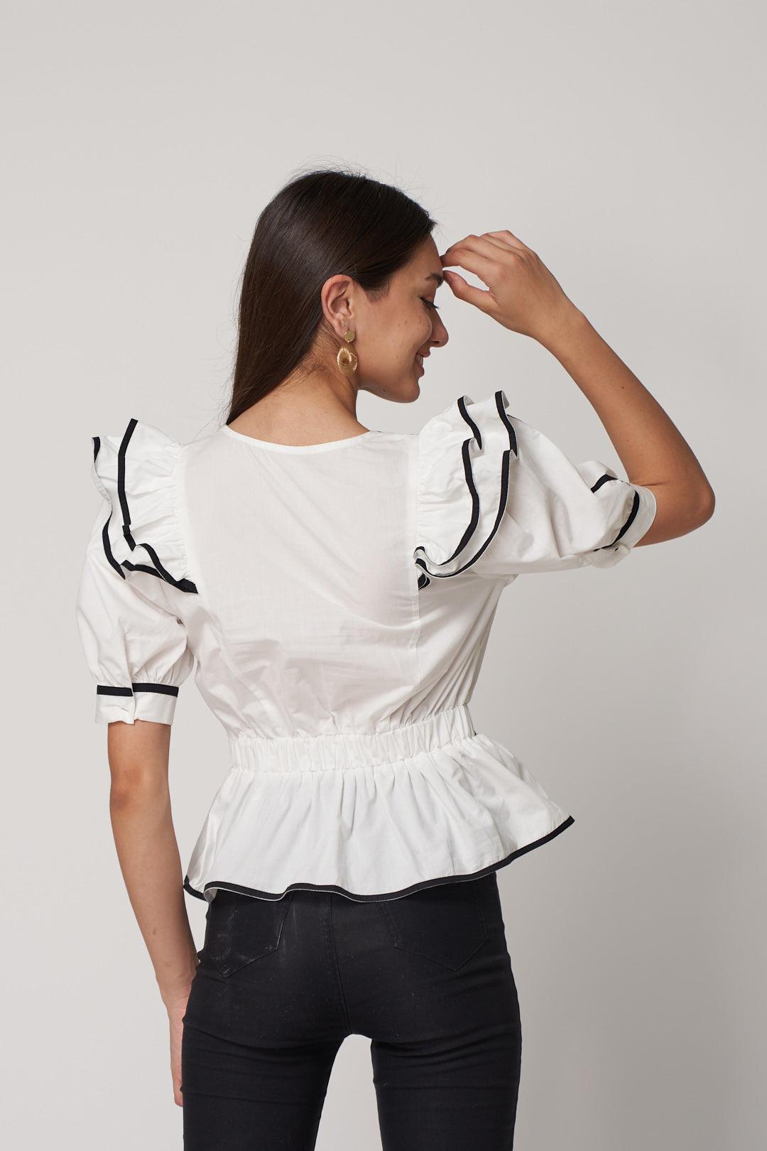 Contrast Piping Frill Top - ANI CLOTHING