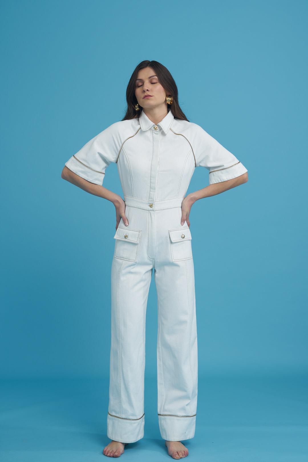 Fashion Week White Denim Zipper Jumpsuit - ANI CLOTHING