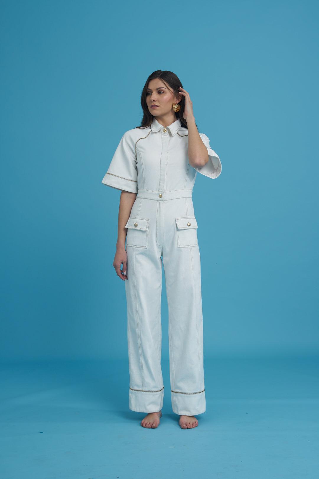 Fashion Week White Denim Zipper Jumpsuit - ANI CLOTHING