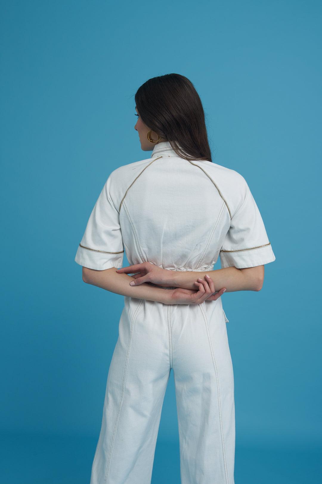 Fashion Week White Denim Zipper Jumpsuit - ANI CLOTHING