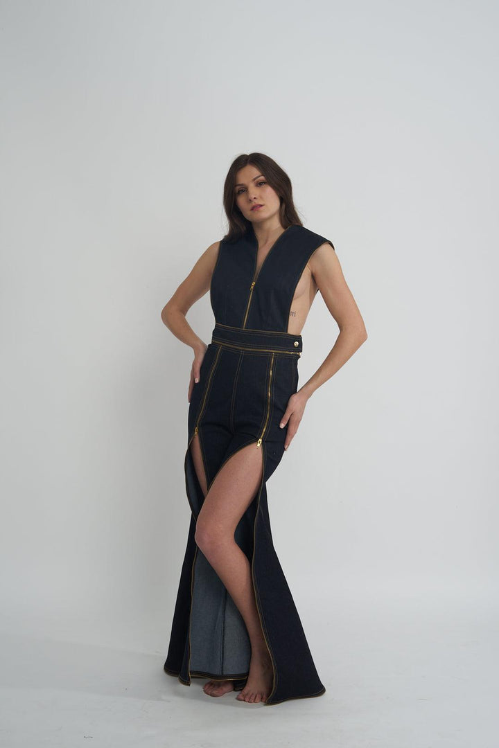 PFW Denim Slit Jumpsuit - ANI CLOTHING